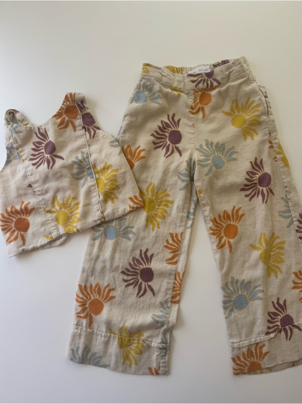 Zara Kids Beige Multi Sunflower Print Linen Tank & Pants Set girls size 7/8